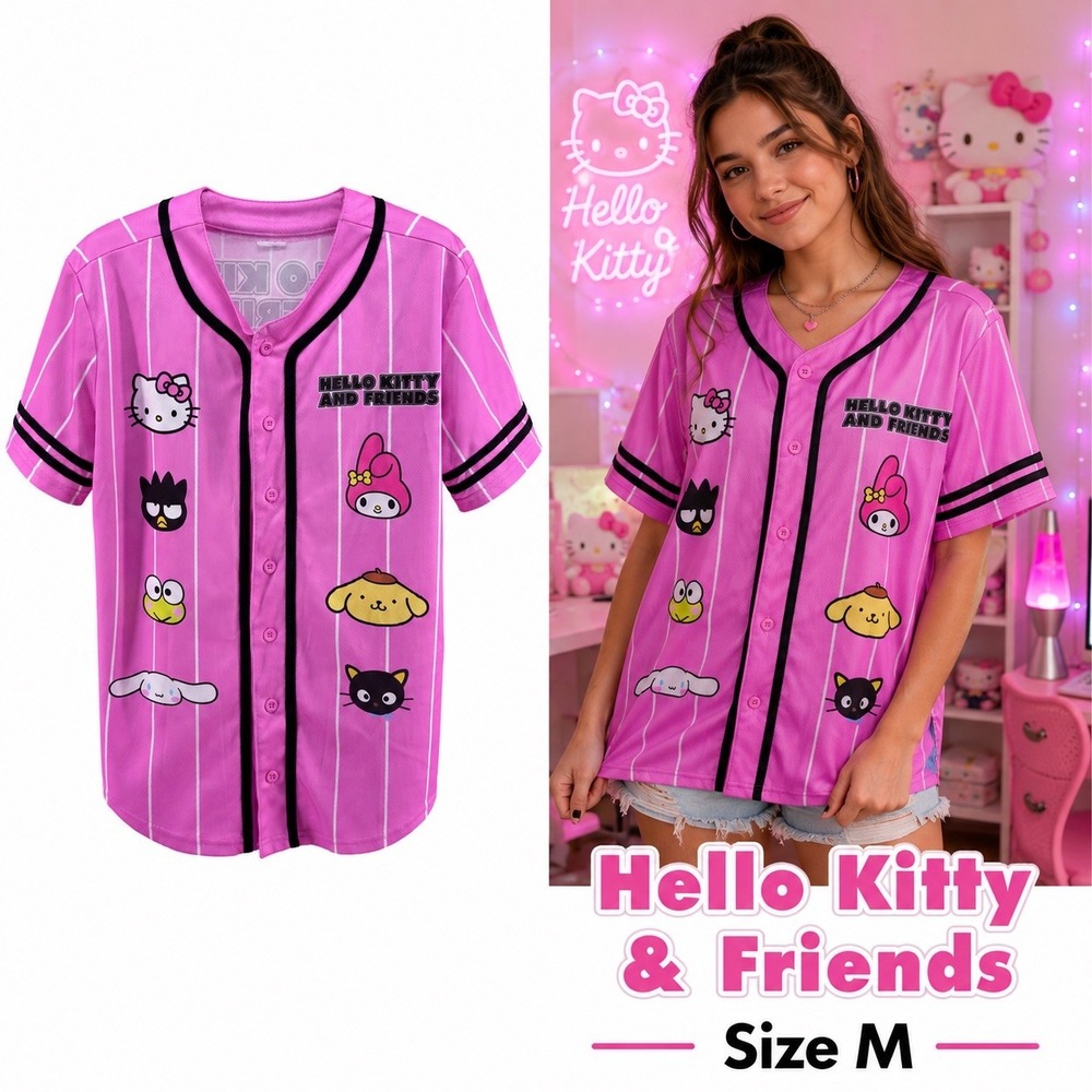Hello Kitty & Friends Womens Size M Pink Baseball Jersey Sanrio Button Front